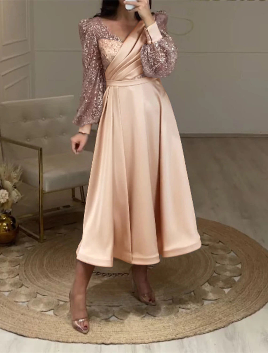 Abiti da cocktail a trapezio, eleganti, da festa, da invitata a nozze, lunghezza tè, maniche lunghe, scollo a V, in raso con arricciature